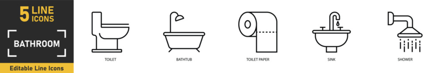 Bathroom line icon set. Set of 5 outline icons related to toilet, bathtub, toilet paper, sink, shower and more. Vector illustration.