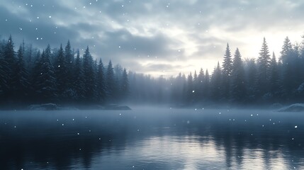 Fototapeta premium A tranquil lake scene with a snowy forest in the background, with a hint of sunlight breaking through the clouds.