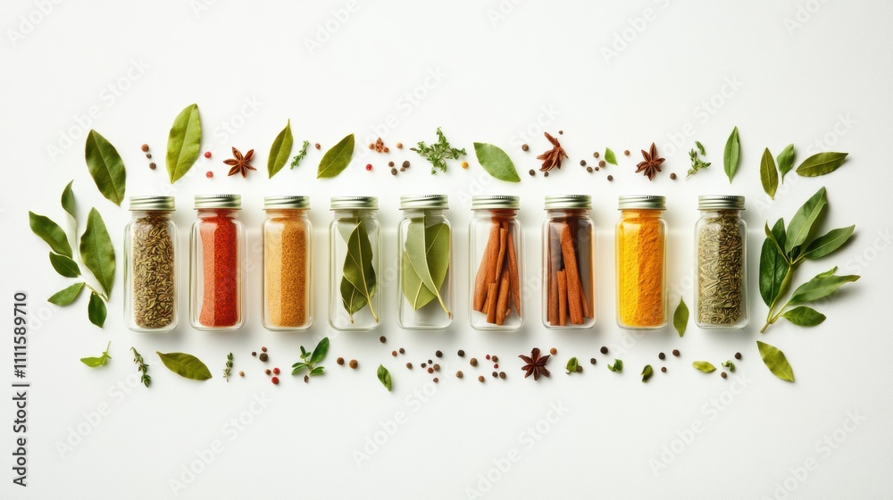 Aufkleber a vibrant display of spices in jars alongside bay leaves and cinnamon sticks creates an aromatic arr
