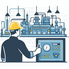 A worker in a yellow hard hat operates a  in an industrial setting.  The background includes machinery and control panels. Vector illustration icon  on a white background 