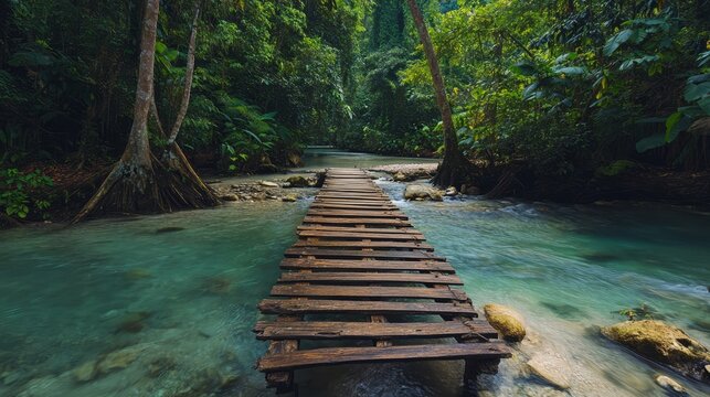 A rustic wooden bridge crossing a crystal-clear river in the middle of a dense jungle. - Powered by Adobe