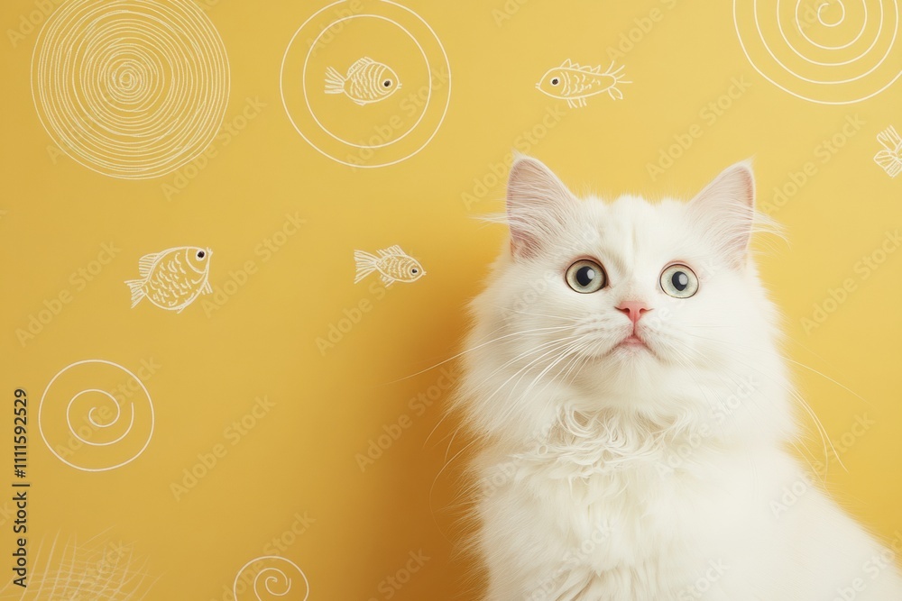 Poster a fluffy white cat looks up in wonder as whimsical fish circles float around its head against a vibr