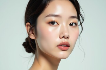 Fototapeta premium Sophisticated close-up of young Asian woman with glowing skin and minimal makeup, perfect for beauty, wellness, and luxury skincare product promotions.