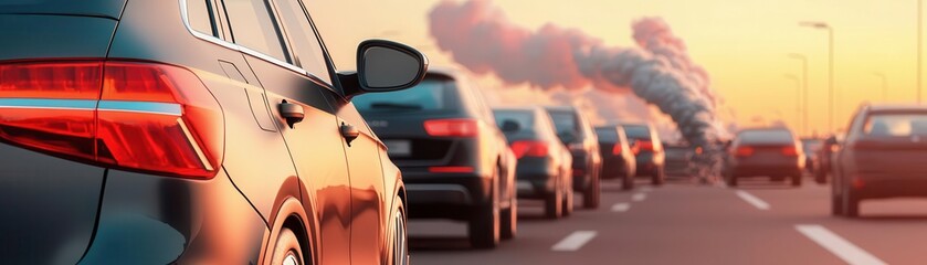 Car emitting exhaust in a traffic jam under a smogfilled sky, symbolizing the environmental impact of urban transportation