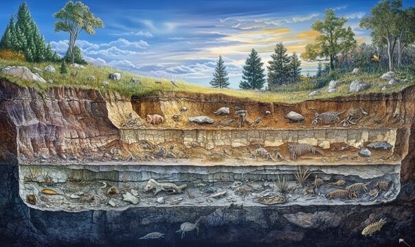 Layered earth reveals ancient fossils, plants, and animals.
