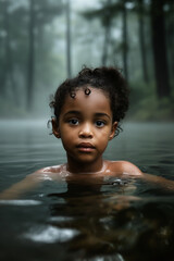 Fototapeta premium Curious Child Swimming in a Misty Forest Lake