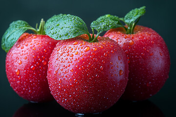 Three Red Apples With Green Leaves And Water Droplets