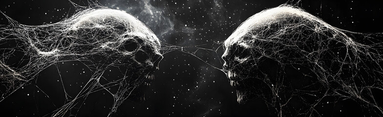 Abstract Dual Skull Figures Connected by Ethereal Webs in Dark Space