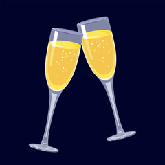 Glasses of champagne isolated on dark background. Cheers! Vector cartoon illustration of sparkling wine. 