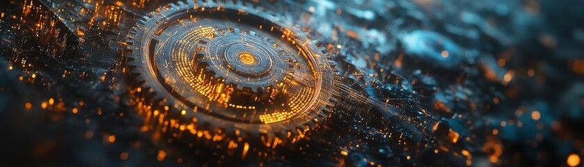 Rusty gears with cracks and cobwebs, overlay of glitching code and pixelated bugs, futuristic cyberpunk aesthetic, highly detailed