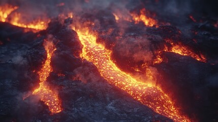 Fototapeta premium Close-up of molten lava slowly cooling as it flows down a mountainside intense heat and bright orange glow showing the energy of the earth