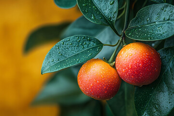 Dewy Kumquats Resting on Lush Green Leaves