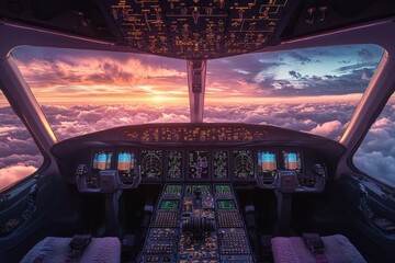 Fototapeta premium Stunning sunset view from cockpit above clouds. Ideal for travel, aviation, and freedom themes.