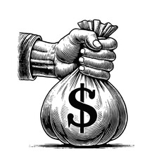 hand holding money bag engraving black and white outline
