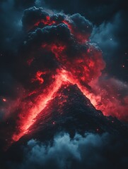 Fototapeta premium A volcano erupts with a fiery red glow and black smoke against a dark night sky.