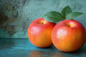 Two Red Apples Resting On Teal Surface With Leaves