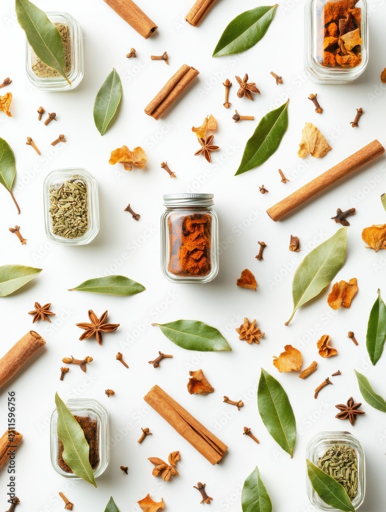 Aufkleber small jars filled with vibrant spices, accompanied by bay leaves and cinnamon sticks, offer an invit