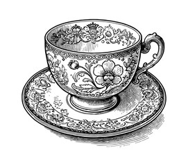 antique porcelain tea cup and saucer engraving black and white outline