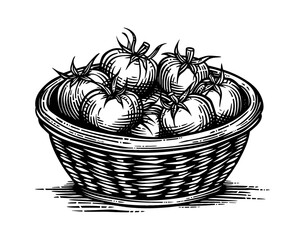 Fototapeta premium wooden basket tomatoes engraving black and white outline