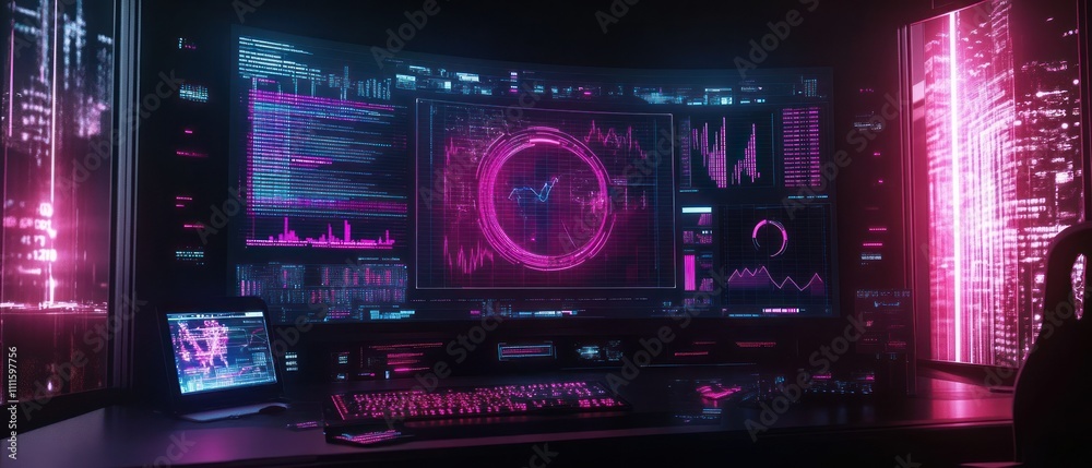 Poster futuristic workspace with digital interfaces and data visualizations