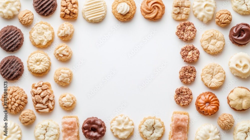 Poster a variety of colorful cookies and sweets are artistically arranged on a clean white background, leav