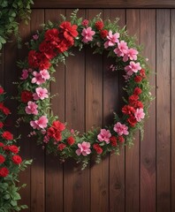 Floral wreath made of red and pink flowers and greenery on a wooden door, , flower garland