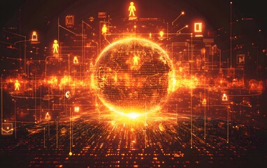 Obraz premium A digital globe with icons of people connecting across the world, surrounded by binary code and data streams, representing global network technology,