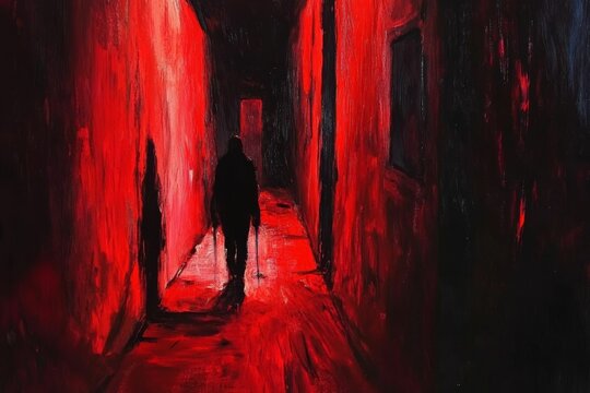 Crimson alleyway, figures walking, dark, intense, ominous.