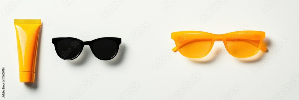 Poster Enjoy summer with stylish sunglasses and sunscreen displayed on a clean white background, perfect for adding your own message. Generative AI