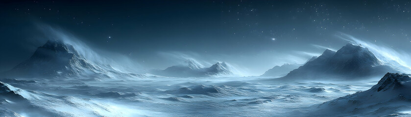 Fototapeta premium Snowy mountainscape under a starry sky, windswept peaks, and a vast frozen expanse.