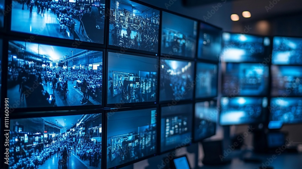 Poster Security monitoring system with multiple screens displaying live feeds of various locations.