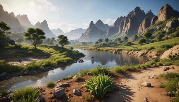 ladera de una colina con campos de cultivo y un r&iacute;o que fluye por la base, paisaje, naturaleza