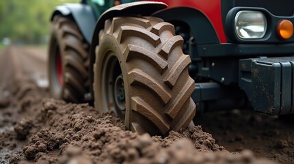 Close-Up of Tractor Tire Navigating Muddy Terrain in Farmland
