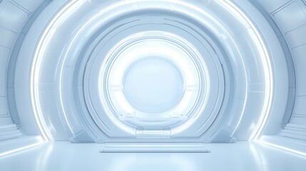 Obraz premium A futuristic, bright, and minimalistic interior featuring circular designs and soft white lighting, creating a serene and modern atmosphere.