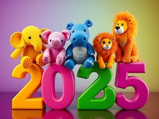 Fototapeta premium The colorful letters 2025 with colorful an animals dolls, Generative AI Illustration.