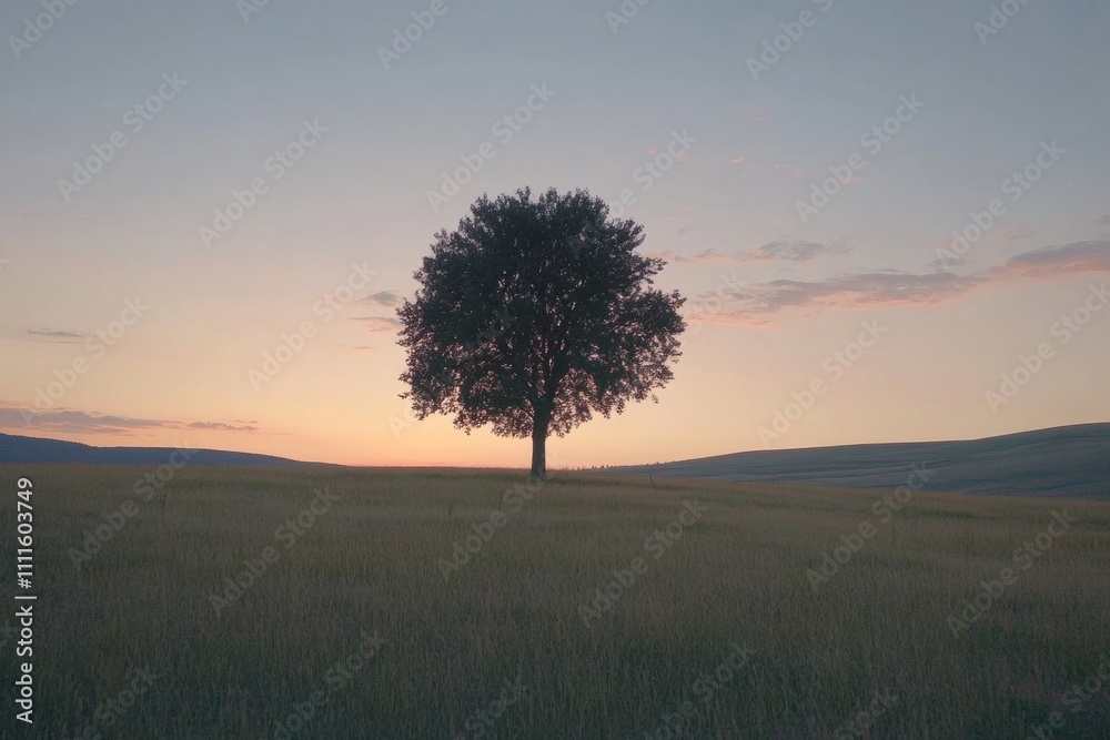 Aufkleber A solitary tree rises in an expansive field against a backdrop of a beautiful sunset, creating a tranquil atmosphere during dusk. Generative AI