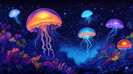 Bioluminescent beings with jellyfish forms floating in an illuminated alien meadow, casting vibrant hues across the scene