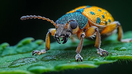 Extreme close-up macro photo of a weevil on a leaf, capturing the fine details of its snout and legs  - Powered by Adobe