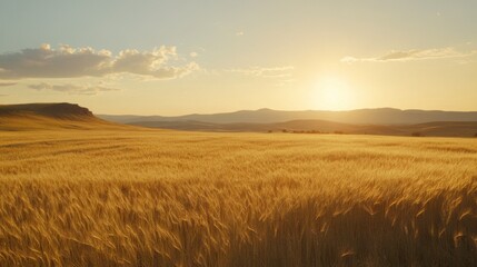 Obraz premium Serene Sunset Over Golden Wheat Field with Rolling Hills Under a Clear Sky, Captivating Nature Landscape at Dusk
