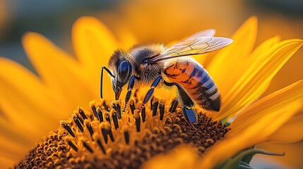 High detail macro photo of a honeybee landing on a sunflower, with a clear view of its wings and pollen-covered body 