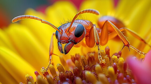 Extreme macro shot of an ant climbing a flower stem, highlighting the shiny surface of its body and legs 