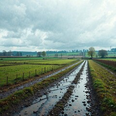Fototapeta premium Rainy day in the countryside with muddy fields and puddles, country landscape, outdoor atmosphere