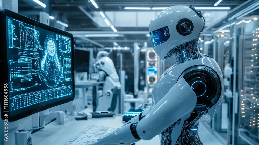 Poster a futuristic robot interacting with advanced technology in a high-tech lab environment.