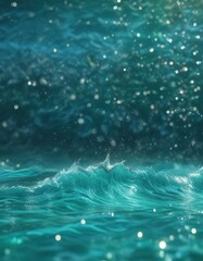 Obraz premium Tropical ocean wave background with aqua turquoise and teal green bokeh glitter sparkle, aquatic life, underwater scene, bokeh effect, sparkly
