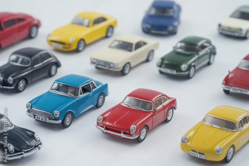 Aufkleber colorful miniature car models are neatly arranged on a white background, providing ample copy space 