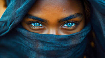 Fototapeta premium Full shot of a person with their face partially covered, emphasizing the intensity of their eyes