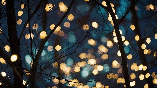 Blurred lights shining amongst tree branches background, 4k iamge