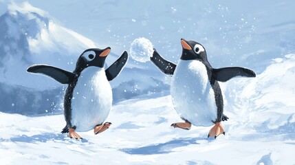 Obraz premium Penguins engaging in a snowball fight, with one throwing and the other reacting, set in a frosty white landscape