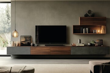 Modern living room with TV unit, stylish wall shelves, and pendant lamp. Showcase contemporary interior design for home decor or real estate.