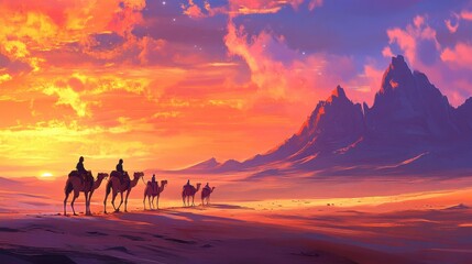 Naklejka premium Vibrant Sahara desert with camels and their guide silhouetted against golden sands and a brilliant sky
